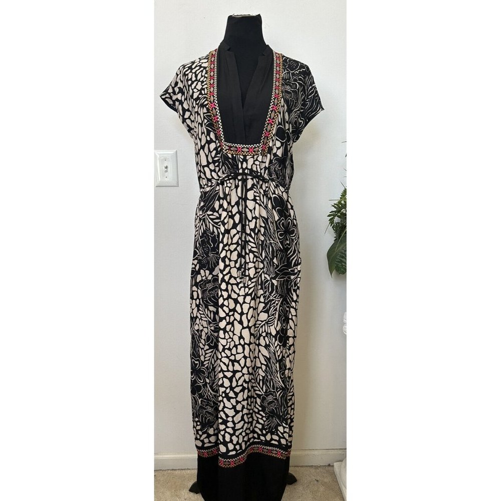 Adrianna Papell Women's Black Animal Print Embroidered Maxi tie Waist Dress Sz 6
